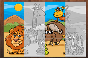 Ilustración de animales de la selva como león, jirafa y mono en un paisaje soleado, con secciones parcialmente coloreadas y otras en blanco y negro