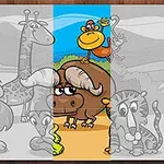Ilustración de animales de la selva como león, jirafa y mono en un paisaje soleado, con secciones parcialmente coloreadas y otras en blanco y negro