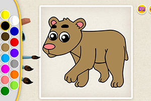Dibujo de un oso caricaturesco para colorear con una paleta de colores a la izquierda