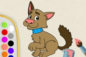 Dibujo de un perro caricaturesco marrón con un collar azul, rodeado de una paleta de colores y herramientas de pintura