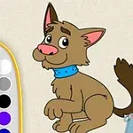 Dibujo de un perro caricaturesco marrón con un collar azul, rodeado de una paleta de colores y herramientas de pintura