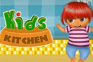Niño con camiseta de rayas y pantalones cortos frente a un fondo de cuadros, junto al texto Kids Kitchen