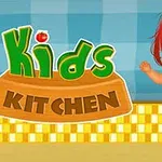 Niño con camiseta de rayas y pantalones cortos frente a un fondo de cuadros, junto al texto Kids Kitchen