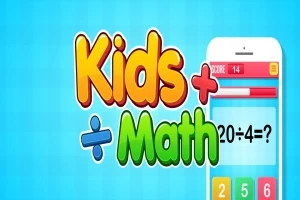 Texto colorido Kids Math junto a un teléfono con una aplicación de matemáticas sobre un fondo azul