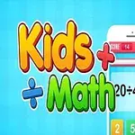 Texto colorido Kids Math junto a un teléfono con una aplicación de matemáticas sobre un fondo azul