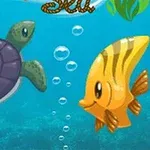 Una tortuga marina verde y un pez amarillo con rayas nadando bajo el agua con burbujas