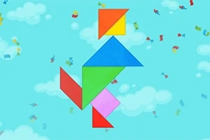 Figura de tangram colorida con formas geométricas sobre un fondo de cielo azul con nubes y confeti multicolor