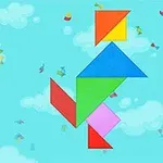 Figura de tangram colorida con formas geométricas sobre un fondo de cielo azul con nubes y confeti multicolor