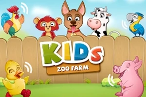 Animales de dibujos animados, incluyendo un mono, un perro, una vaca y un loro, asomándose por encima de una cerca de madera con el texto Kids Zoo Farm en el centro