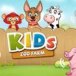 Animales de dibujos animados, incluyendo un mono, un perro, una vaca y un loro, asomándose por encima de una cerca de madera con el texto Kids Zoo Farm en el centro