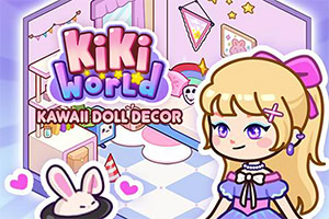 Ilustración kawaii de una niña rubia con vestido morado en una habitación pastel decorada con conejos, corazones y accesorios