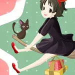 Una niña con vestido negro y lazo rojo vuela en una escoba junto a un gato marrón, llevando una caja de regalo