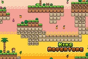 Estilo retro de plataformas flotantes con ladrillos, vegetación y un personaje en un escenario colorido