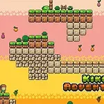 Estilo retro de plataformas flotantes con ladrillos, vegetación y un personaje en un escenario colorido