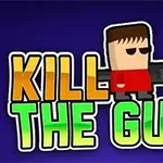 Personaje animado con cara seria y arma grande junto al texto KILL THE GUY en letras coloridas sobre fondo azul