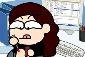 Persona caricaturizada pintándose las uñas frente a una computadora con una pantalla llena de texto