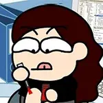 Persona caricaturizada pintándose las uñas frente a una computadora con una pantalla llena de texto