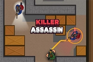 Personajes en un laberinto con cajas, donde un personaje apunta a otro con un círculo amarillo y la palabra KILLER ASSASSIN en el centro