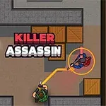 Personajes en un laberinto con cajas, donde un personaje apunta a otro con un círculo amarillo y la palabra KILLER ASSASSIN en el centro