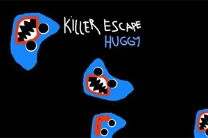 Varias caras azules con sonrisas grandes y ojos negros en un fondo negro, junto con texto que dice KILLER ESCAPE HUGGY