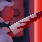 Una mano sujetando una manija de puerta mientras la otra sostiene un cuchillo con manchas de sangre