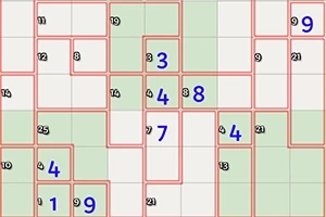 Cuadrícula con celdas numeradas en azul y verde, divididas por líneas rojas