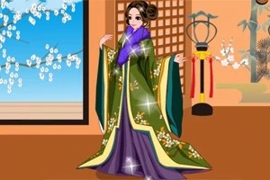 Mujer vestida con un kimono verde adornado con flores, de pie en una habitación con decoración tradicional y ventana mostrando un paisaje con cerezos en flor