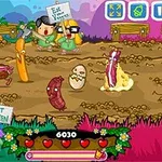 Personajes caricaturescos con pancartas de comida enfrentándose a ingredientes animados en un colorido escenario