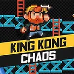 Personaje pixelado con una llave inglesa sobre plataformas azules, escaleras rojas, un plátano y barriles rosas, con texto King Kong Chaos en el centro