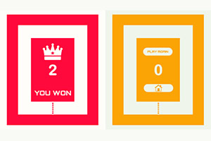 Pantallas de puntuación en rojo y amarillo con números, una corona, y opciones para jugar de nuevo