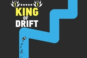Un automóvil pequeño derrapando en una carretera sinuosa azul sobre un fondo negro, con el texto King of Drift en la parte superior