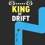 Un automóvil pequeño derrapando en una carretera sinuosa azul sobre un fondo negro, con el texto King of Drift en la parte superior