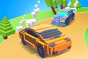 Coches de estilo pixelado en una carretera curva rodeada de árboles y un cielo despejado