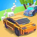 Coches de estilo pixelado en una carretera curva rodeada de árboles y un cielo despejado