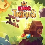 Personajes caricaturescos saltando y corriendo alrededor de un cofre del tesoro bajo el logo de King of Thieves en un ambiente de bosque iluminado