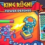 Título de King Rügni Tower Defense con ilustraciones de un cañón lanzando fuego y un mapa de juego