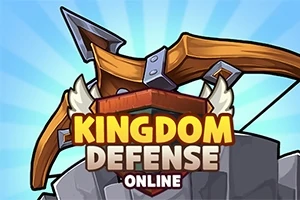 Un arco grande sobre una fortaleza de piedra con las palabras Kingdom Defense Online en el centro