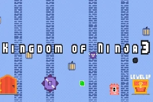 Texto pixelado sobre un fondo azul con patrones de ladrillos y varios íconos coloridos como una puerta, una figura púrpura y un botón de nivel superior