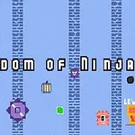 Texto pixelado sobre un fondo azul con patrones de ladrillos y varios íconos coloridos como una puerta, una figura púrpura y un botón de nivel superior