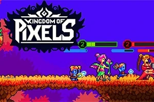 Personajes pixelados coloridos sobre una plataforma de tierra con barras de vida y un fondo azul