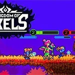 Personajes pixelados coloridos sobre una plataforma de tierra con barras de vida y un fondo azul