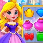 Princesa rubia con vestido morado y corona al lado de un tablero colorido con íconos de joyas y pociones