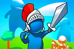 Personaje azul con casco rojo y espada levantada en un paisaje colorido con figuras de sombra y árboles