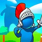 Personaje azul con casco rojo y espada levantada en un paisaje colorido con figuras de sombra y árboles