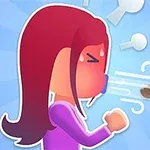 Personaje con cabello oscuro y playera morada soplando intensamente, con una expresión de esfuerzo sobre un fondo azul claro
