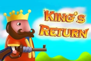 Rey animado con corona y barba sosteniendo un rifle, con texto Kings Return sobre un fondo de cielo azul y colinas verdes