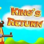 Rey animado con corona y barba sosteniendo un rifle, con texto Kings Return sobre un fondo de cielo azul y colinas verdes
