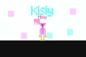 Personaje pixelado de color rosa con texto azul y rosa de fondo, sobre un fondo con cuadrados pastel