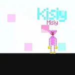 Personaje pixelado de color rosa con texto azul y rosa de fondo, sobre un fondo con cuadrados pastel