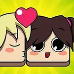 Dos personajes cuadrados con rostros sonrientes y un corazón rosa sobre sus cabezas, sobre un fondo amarillo brillante